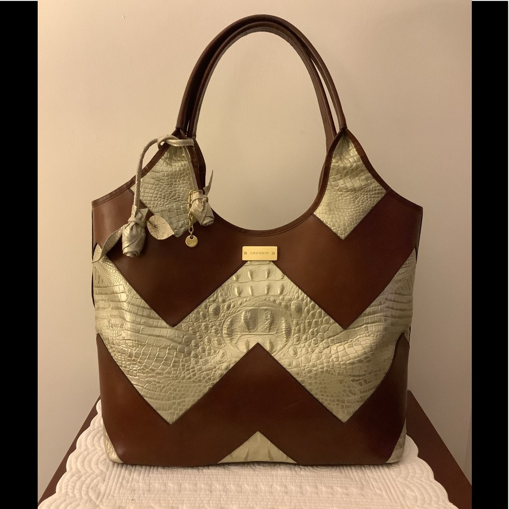 Brahmin Large Chevron Shopper w/ Roses Pair